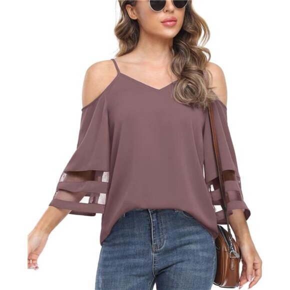 Mauve Purple Mesh Panel 3/4 Bell Sleeve Off Shoulder Flowy Top Blouse Loose Top - Picture 2 of 5